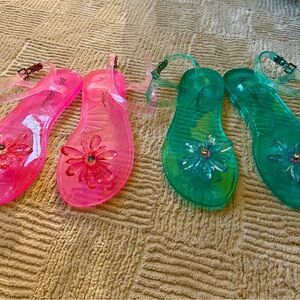 Pink and Green Jelly Sandals with Floral Design